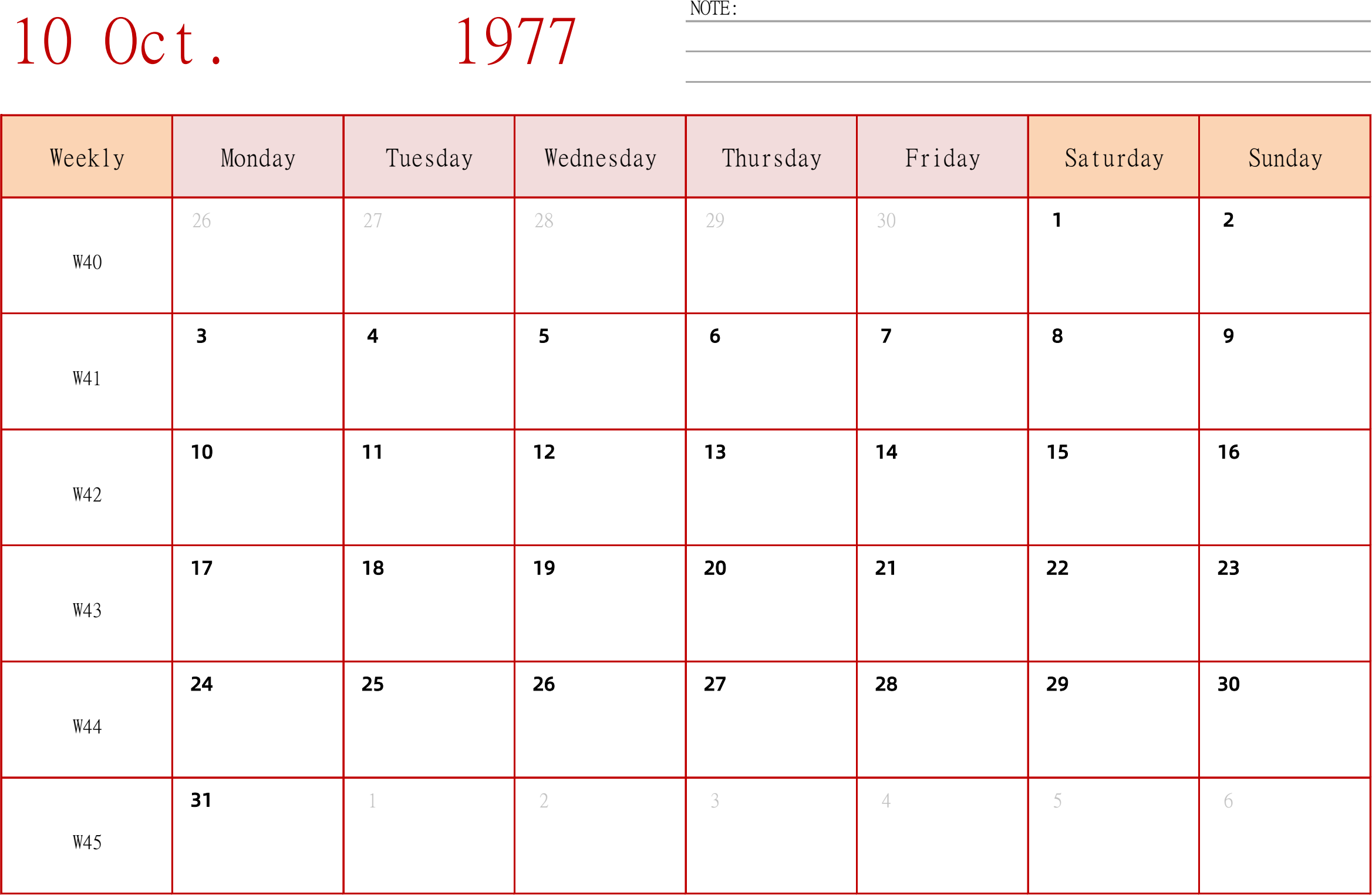 日历表1977年日历 英文版 横向排版 周一开始 带周数